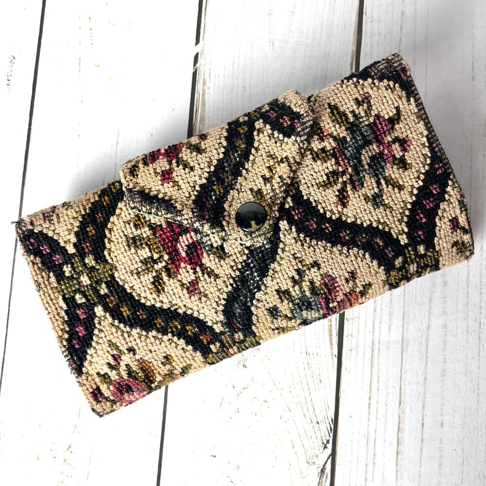 Vintage Carpet Bag Trifold Wallet Clutch Tapestry Faux Leather 1960s Boho Floral